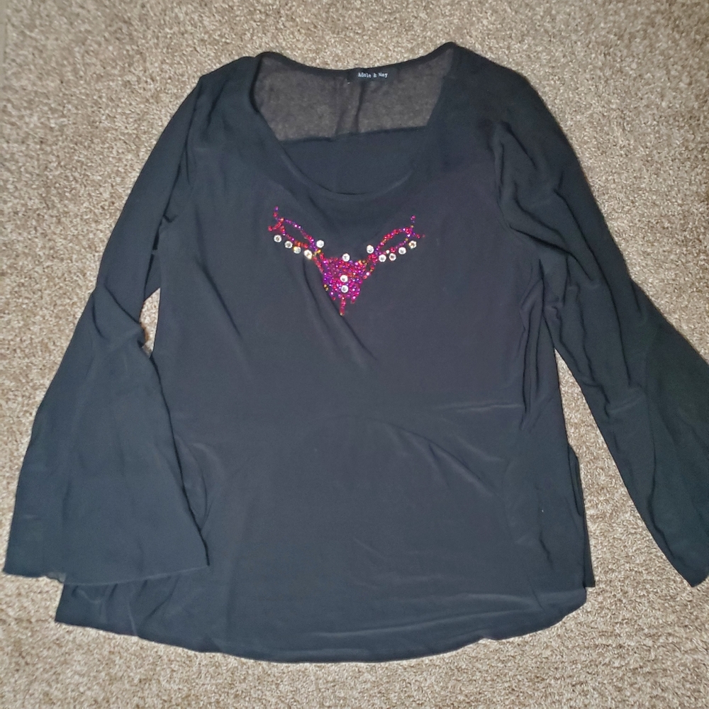 Adele & May Black Sheer Long Sleeve Womans Top‎ XL Rodeo Country Girl
